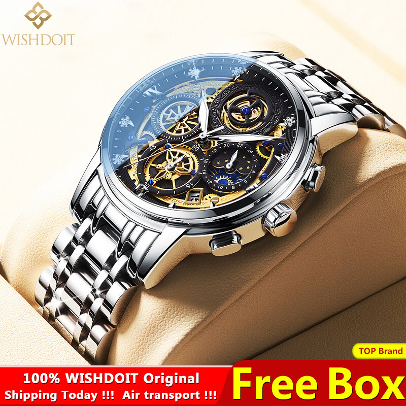 WISHDOIT Original Watch for Men's Waterproof Stainless Steel Quartz Analog Fashion Business Sun Moon Star Wristwatches Top Brand