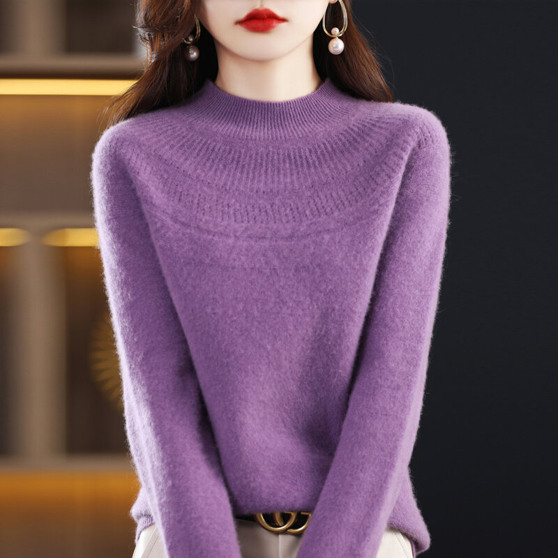 가을 겨울 새로운 100% 양모 스웨터 여성 중공 솔리드 컬러 첫줄 기성품 세미 높은 칼라 Bottoming 셔츠