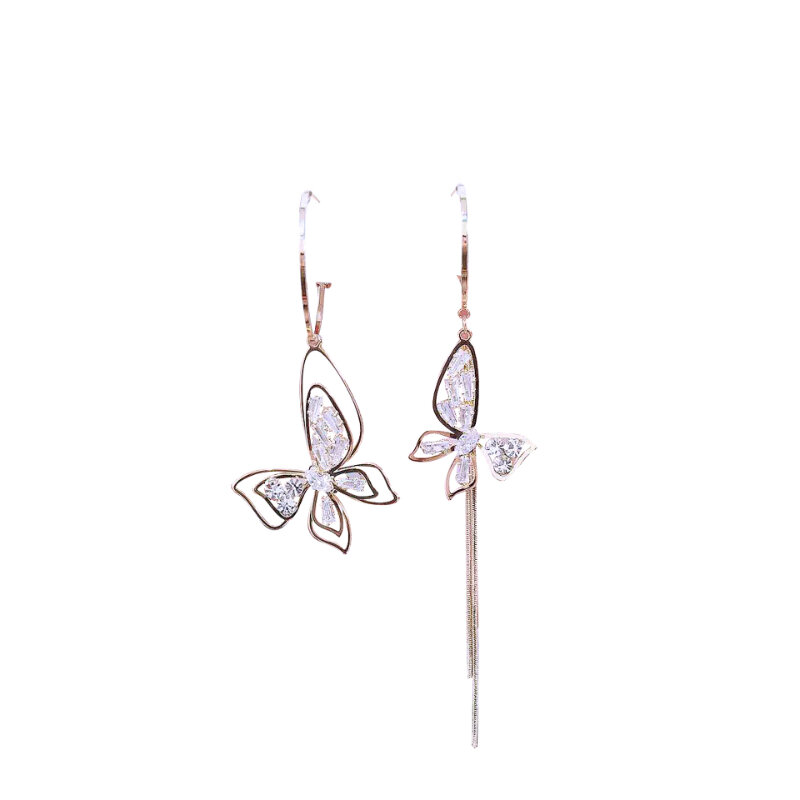 Korean Fashion Crystal Asymmetric Long Tassel Butterfly Earrings 925 Silver Stud Earrings earrings for women 2022