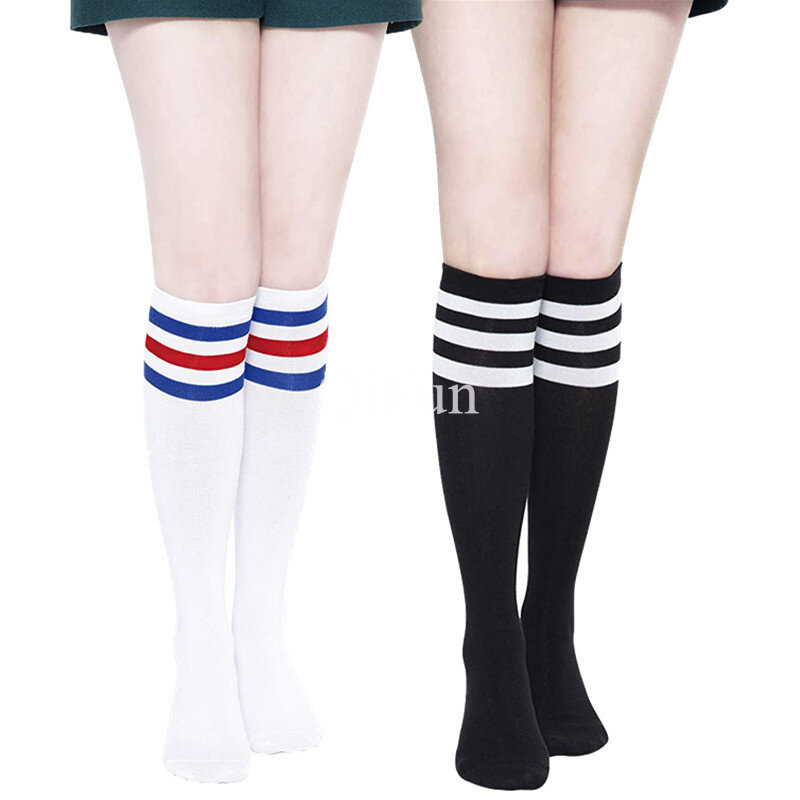 Meias de compressão lolita feminino meias longas preto branco listra meias de futebol kawaii cosplay mais quente joelho alta meia