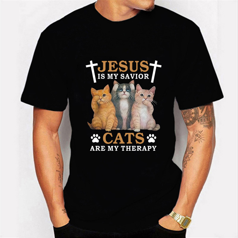 Jesus Is My Savior Cats Are My Therapy Print Mens T Shirts Clothing Oversized T Shirt Anime Manga Tshirt Top Tees Vetement Homme