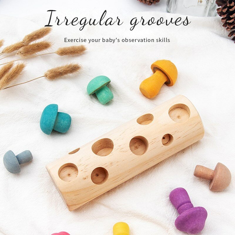 Montessori drewniane tęczowe klocki grzybowe dla dzieci nauczanie edukacyjne rozmiar Puzzle do układania gra prezent dla dzieci