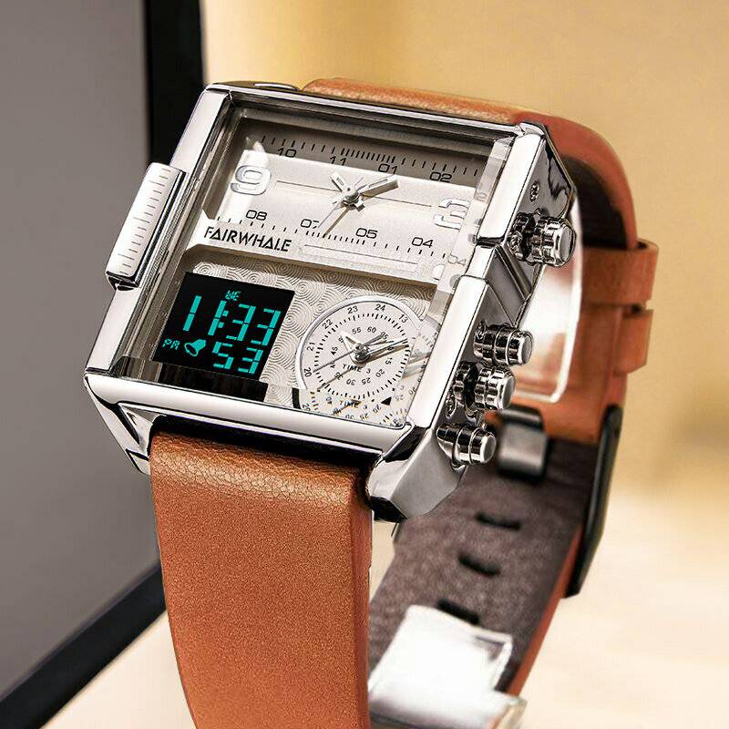 Mark Fairwhale 남성용 최고급 브랜드 방수 시계 남성용 쿼츠 아날로그 디지털 시계 스퀘어 시계 트리니티 디자인