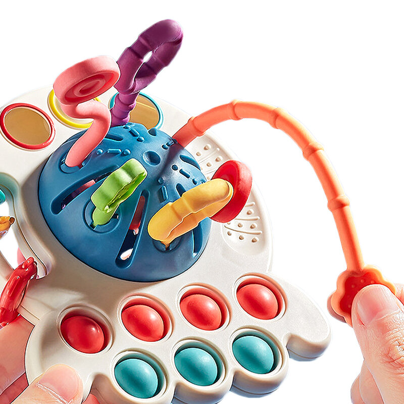 3in1 Mainan Tali Tarik Montessori Mainan Pengembangan Gigi Mainan Jari Silikon Lembut Bayi Mainan Edukasi Interaktif Bayi 1-2Y