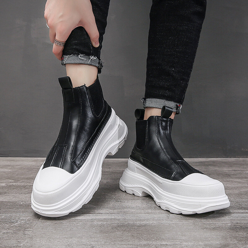 Men's Best Fashion Leather Boots Autumn New Thick-soled Lightweight High Boots High-top Trend Casual White Shoes Chelsea Boots