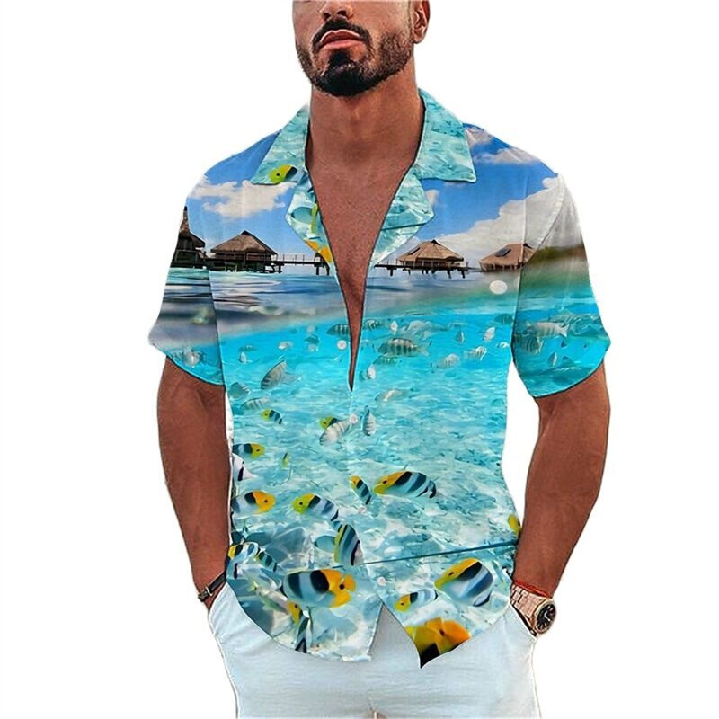 남성용 라펠 싱글 브레스트 셔츠, 레저 반팔 상의, 해양 생물 프린팅 티, 해변 휴가 스타일, 하와이 셔츠, 패션