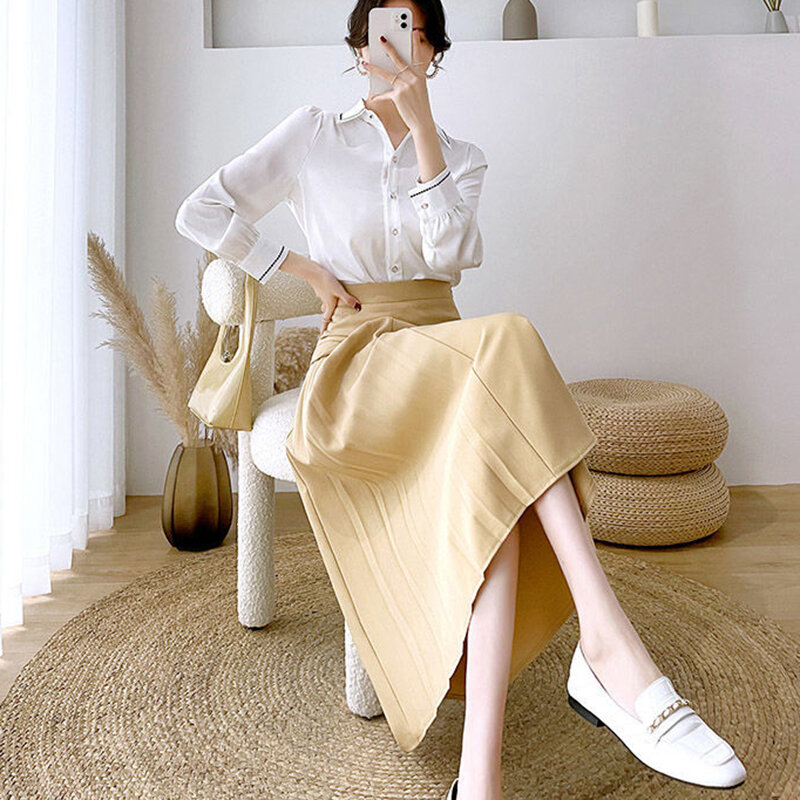 Lucyever 2022 verão cintura alta saias longas mulheres estilo coreano a linha plissado saia mulher elegante escritório terno midi saias senhoras