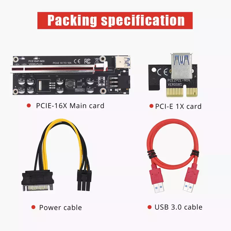 TISHRIC – Riser de minage de LED pour carte vidéo, 10 pièces, PCIE/PCI-E 009S 010 Plus carte PCI E X16 PCI Express 6Pin à 1X USB3.0
