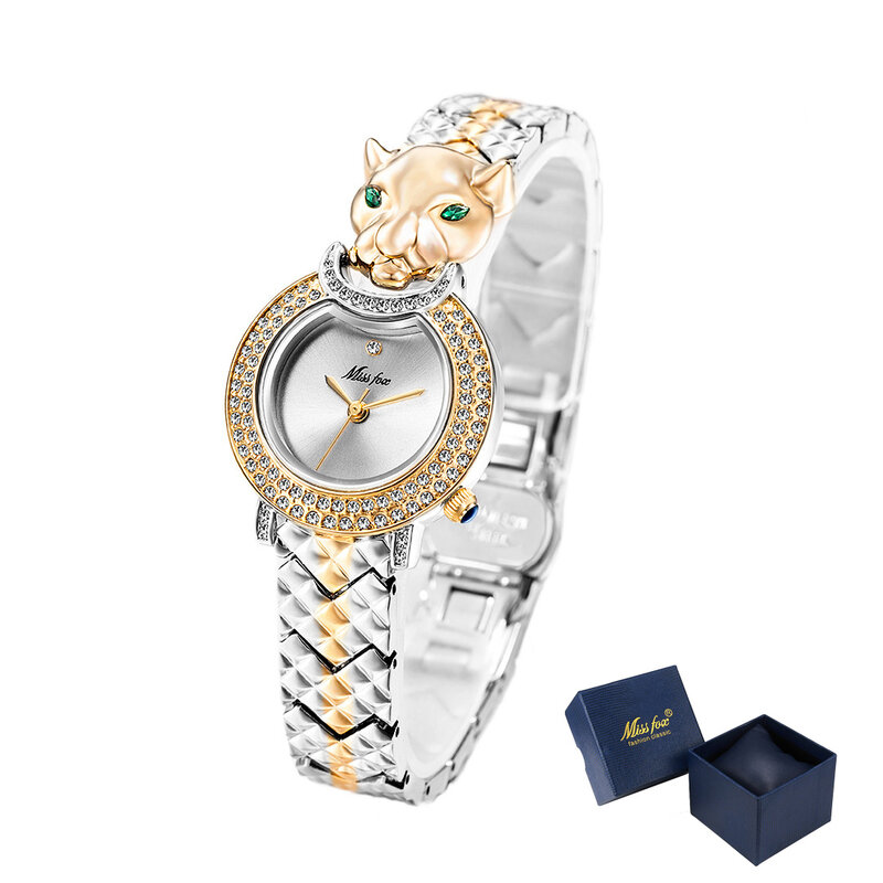 MISSFOX-relojes de lujo de marca Miss Fox para mujer, relojes de cuarzo con esfera de leopardo dorado, relojes de pulsera plateados para mujer