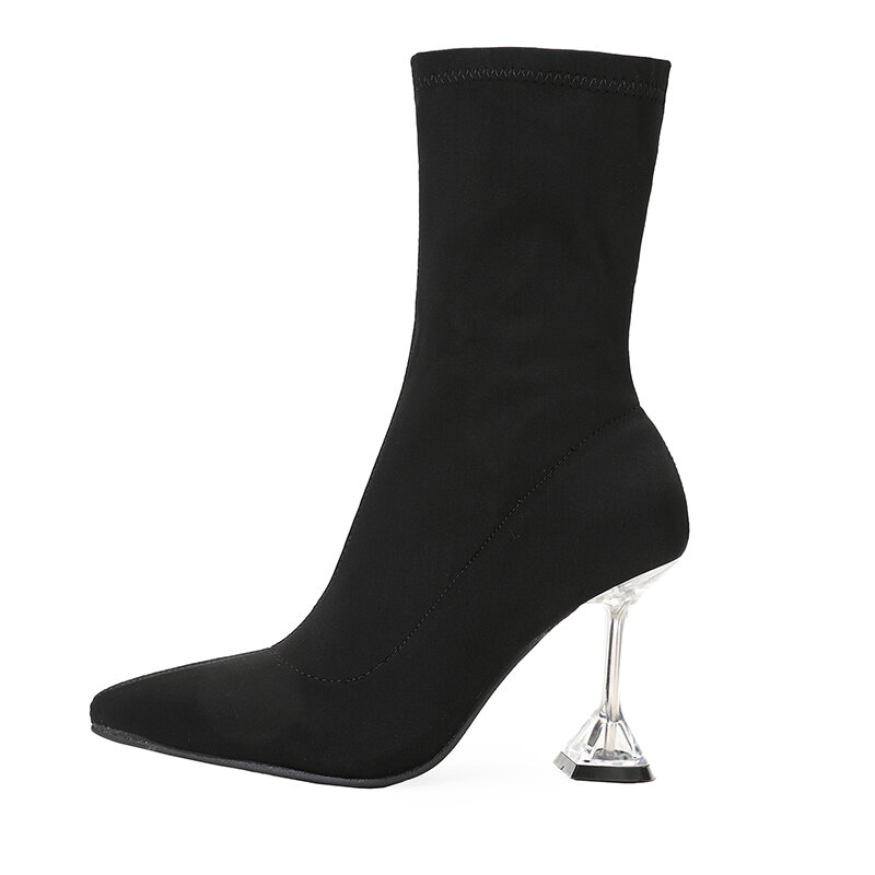 Botas de tejido elástico para mujer, zapatos negros elegantes, botines elásticos de punto con punta estrecha para adelgazar para todas las estaciones