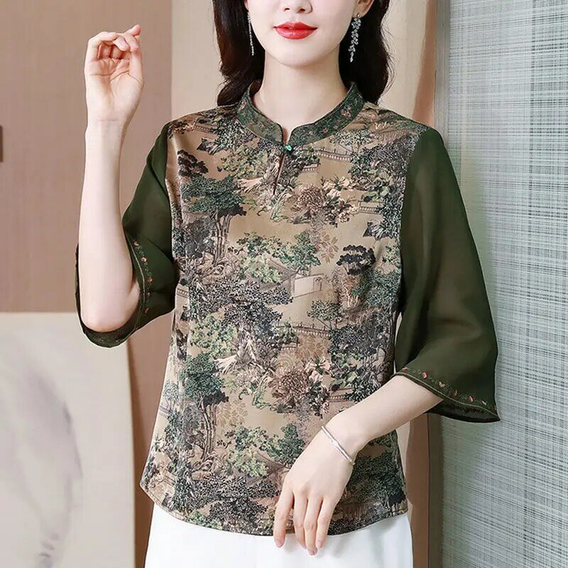 1pcs Women's Blouses tops 2023 Summer Fashion Chiffon Silk Fabric Prints Splicing Hollow Thin Primer Shirt Ladies Loose Shirts