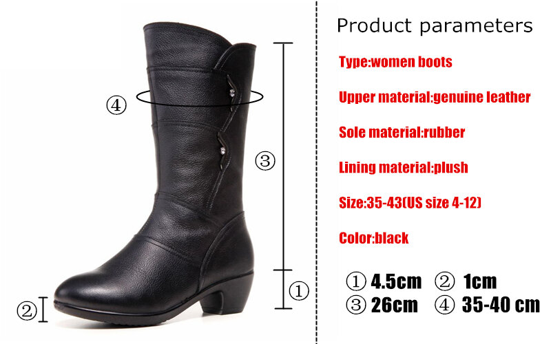 WOIZGIC Women's Mother Female Ladies Genuine Leather Shoes Boots Botas Knee High Zipper Winter Warm Plush Mid Calf Plus Size