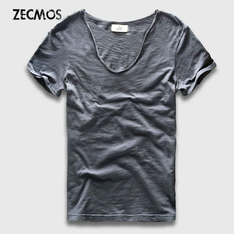Camiseta básica de algodón para hombre, camisetas ajustadas con cuello de pico, camisetas de manga corta, camisetas de marca 2017