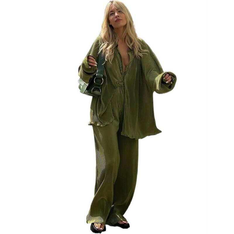 Women Elegant Green Pants Loose Casual Shirts Suit Autumn Long Sleeve Blouses Matching Wide Trousers Two Piece Pant Lady Set