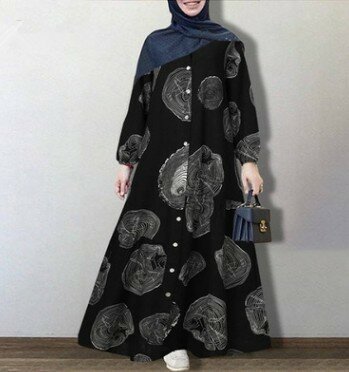 Vintage floral impresso vestido de verão outono manga longa solta maxi longo vestido retro dubai turquia hijab