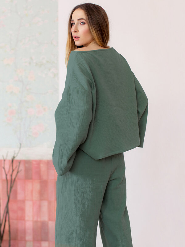Hiloc 100% algodão conjunto de pijamas femininos o pescoço casa terno para as mulheres verde solto sleepwear manga longa camisola conjunto com calças primavera