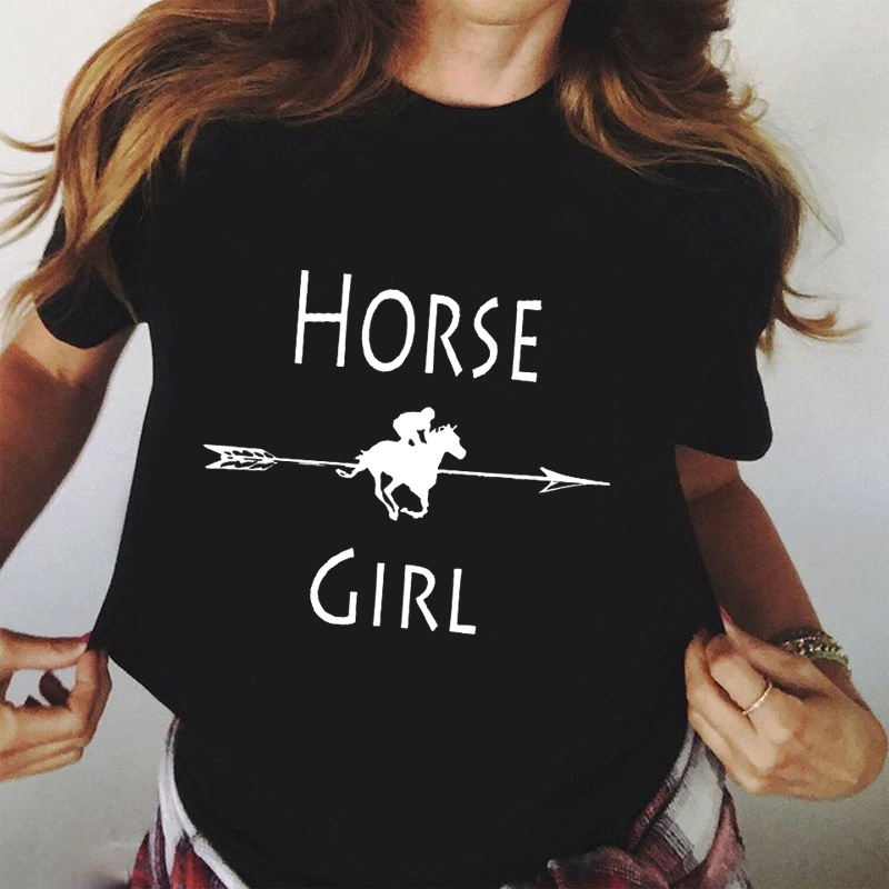 Just A Girl – T-shirt à manches courtes pour Femme, haut noir humoristique et décontracté à la mode avec motif cheval imprimé