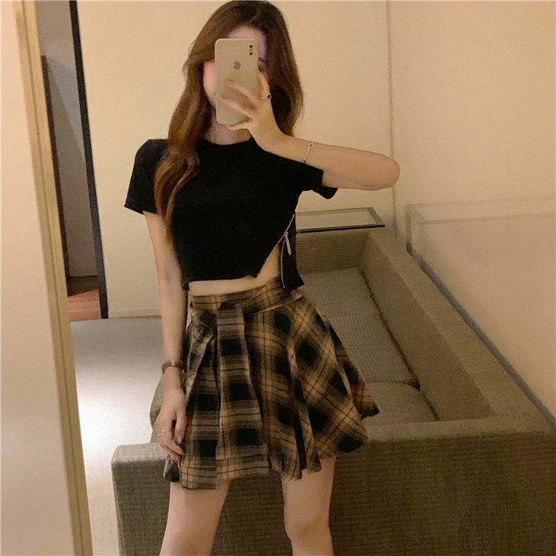 Moda terno saia verão nova versão coreana impresso curto-mangas compridas camiseta + saia de folha de lótus de cintura alta saia de duas peças femininas