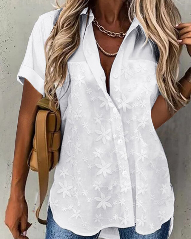 Chemise à manches courtes boutonnée à motif floral pour femme, chemisier en dentelle blanche, haut jacquard, chemises décontractées, printemps, été, 2023