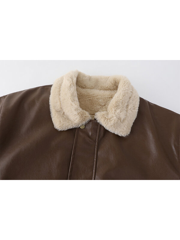 Inverno jaqueta de couro de pele feminina manga comprida solta quente lã de cordeiro vintage engrossado locomotiva lapela feminino plutônio motocicleta casaco