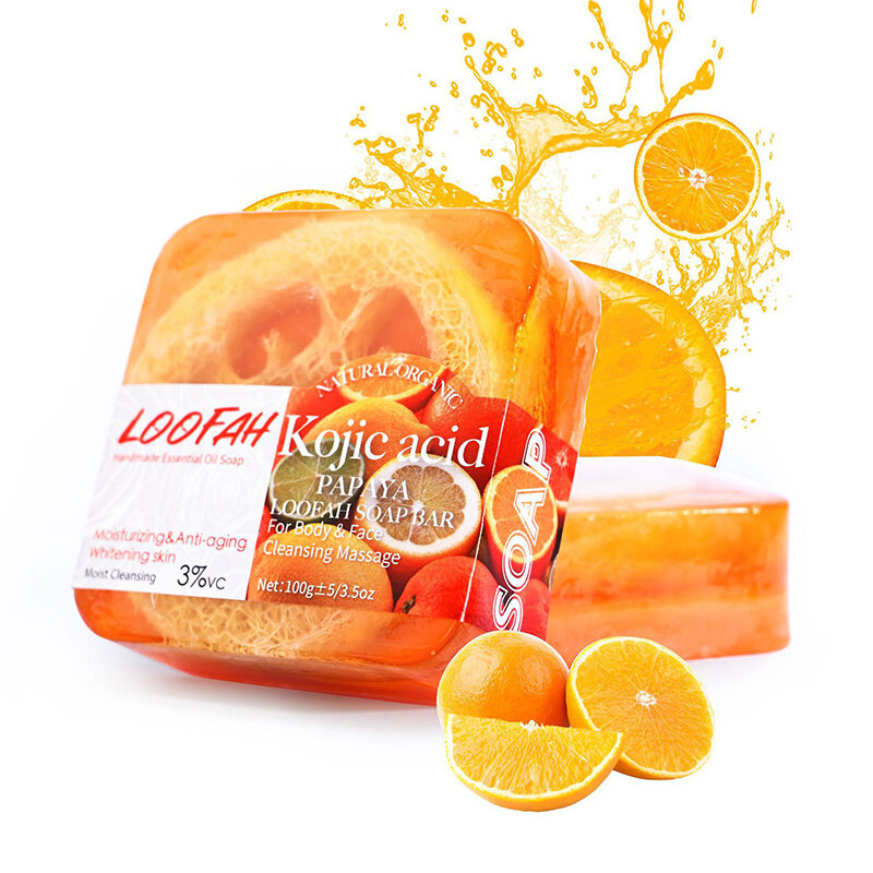 100g Kojic Acid Loofah Soap Whitening Brighten skin Handmade Essential Oil Soap Deep Cleansing Anti-acne Oil Control Face Soap