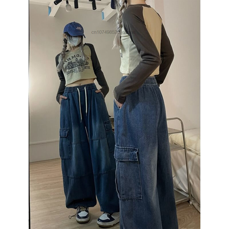 High Street Jeans Chic Korea celana kargo longgar kaki lebar celana panjang celana Baggy kasual Hip Hop wanita Y2k Harajuku baru 2023 pakaian