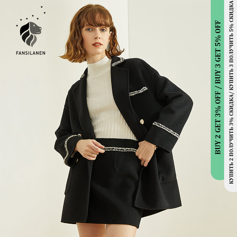 FSLE – ensemble deux pièces noir décontracté, jupe et haut à taille haute, 100% laine, costume assorti pour femmes, élégant, automne hiver 2020