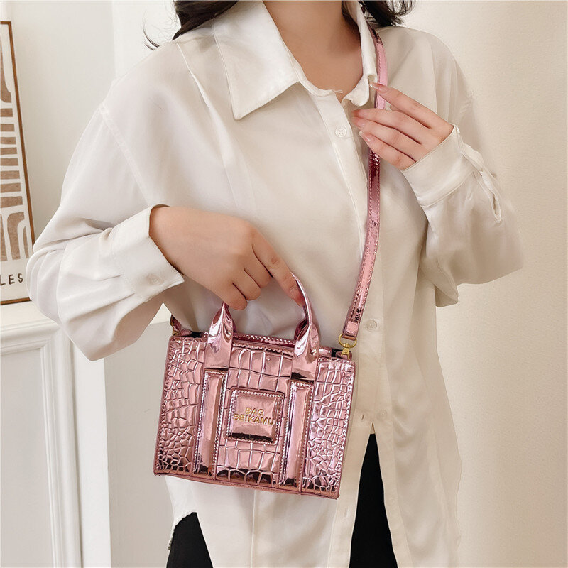 Patent Leather Square Handbags for Women 2023 New Fashionable Stone Tote Bag High Quality Party Luxury Mirror Shiny Shoulder Bag