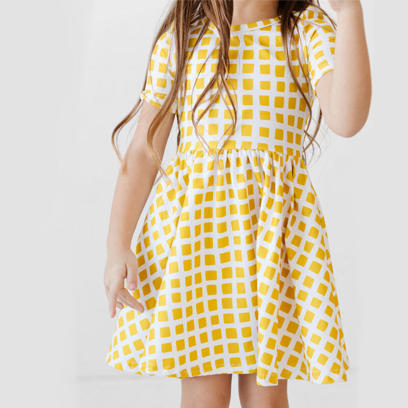 Meninas xadrez impressão moda casual verão pop vestido para meninas vestidos da menina de flor 4-6y