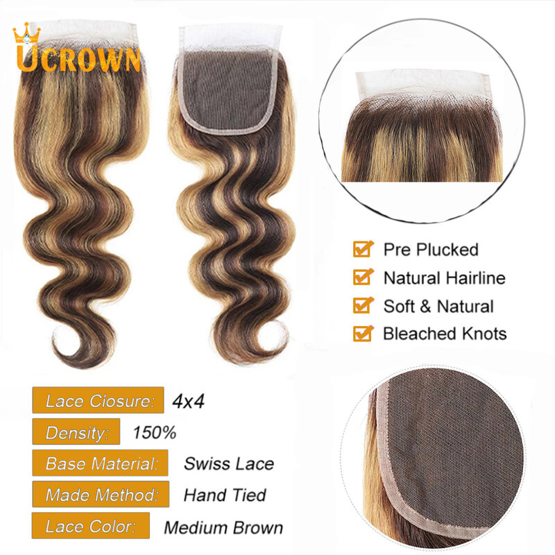 Ucrown-extensiones de cabello humano brasileño para mujer, mechones ondulados con cierre, extensión de color, 3/4 unidades