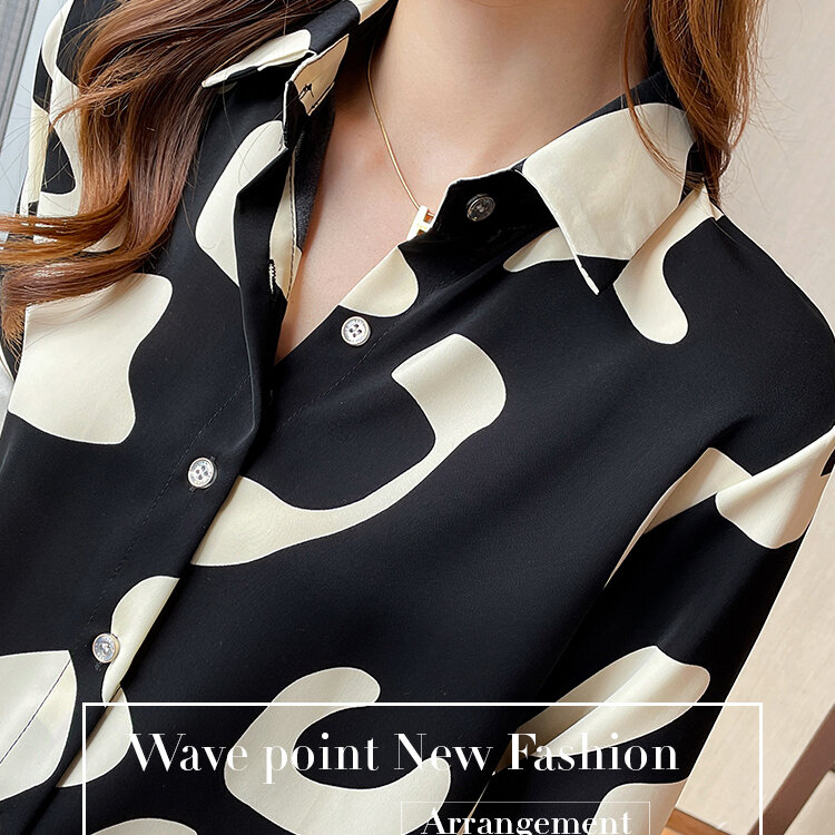 Blusas femininas impresso chiffon camisa feminina novo estilo de moda botão up camisas cor blusa camisa de mangas compridas senhoras topo 600a