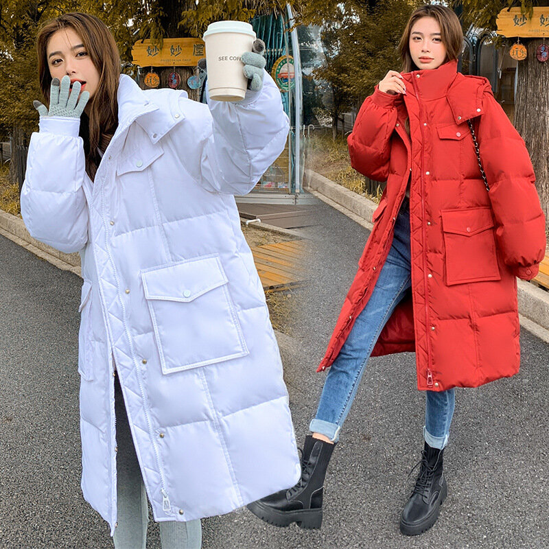 Kurtka puchowa z kapturem zimowa Plus rozmiar damska wersja koreańska czerwony długi lekki termiczny ciepły wiatroszczelny puszysty płaszcz z miękkiej kurtki
