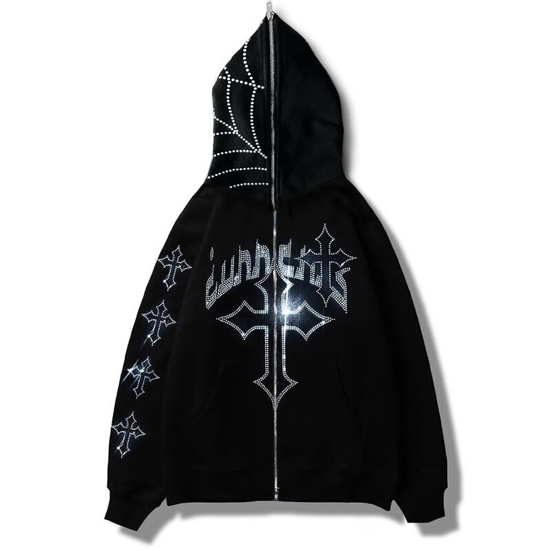 Emo Y2K Men Black Rhinestones Graphic Zip Up Grunge Hoodies Gothic Long Sleeve with Zipper Sweatshirt Oversized Top Alt Clothes