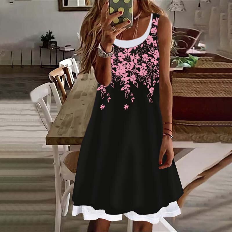 Женские платья с принтом 2023, повседневное мягкое и удобное свободное платье из двух предметов без рукавов до колена с U-образным вырезом
