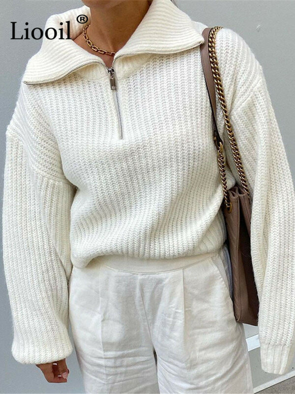 Suéter holgado de punto blanco para mujer, jerseys gruesos con cremallera, ropa de calle cálida de manga larga, Otoño e Invierno
