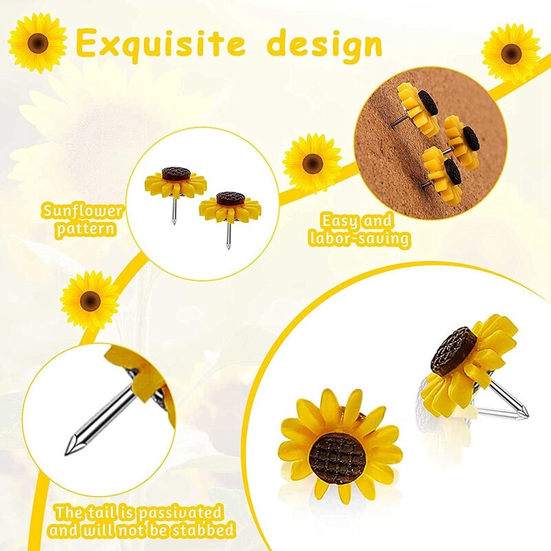 80 Pcs Sunflower Push Pins Sunflower Tacks Flower Cork Board Tacks Decorative Sunflower Thumb Tacks For Photos Wall Maps