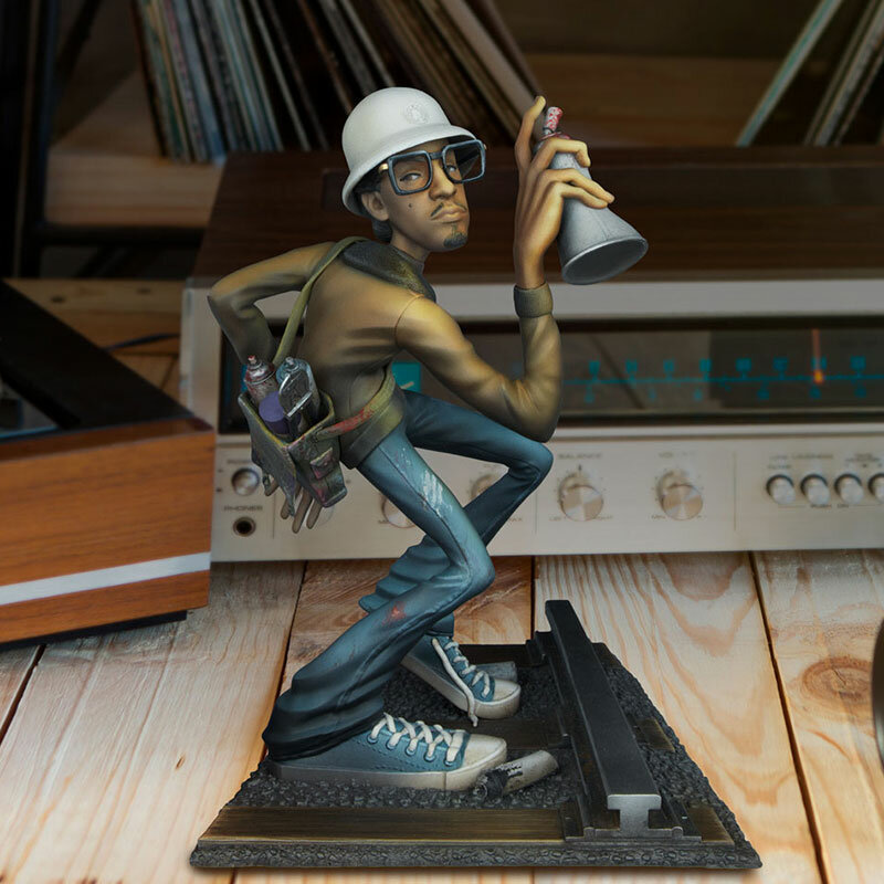 Sculpture d'élément Hip hop, station d'artiste, DJ break dance, modélisation de bureau en résine, sculpture de rappeur classique
