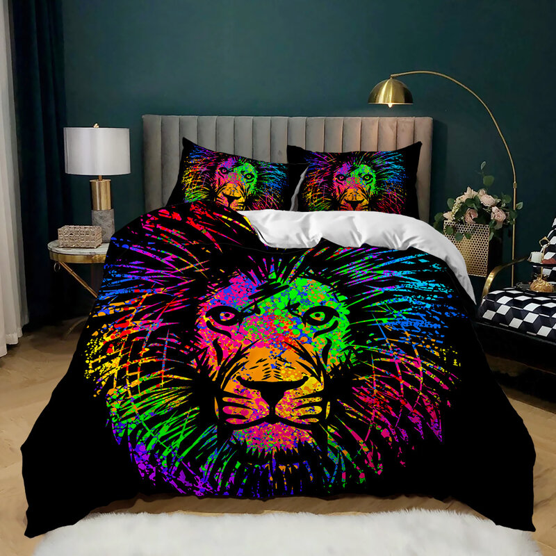 Lion ผ้าปูที่นอนผ้าคลุมเตียง Queen King ขนาด Lightning Lion รูปแบบผ้าคลุมเตียง1 Lionhead ผ้านวม2ปลอกหมอน
