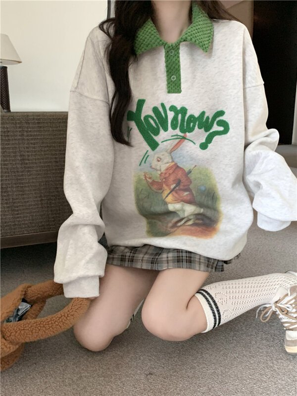 Women Sweatshirts 2023 Fashion Cute Rabbit Print Casual Sweatshirts Female Polo Collar Hoodies Chic Pullovers Tops Streetwear