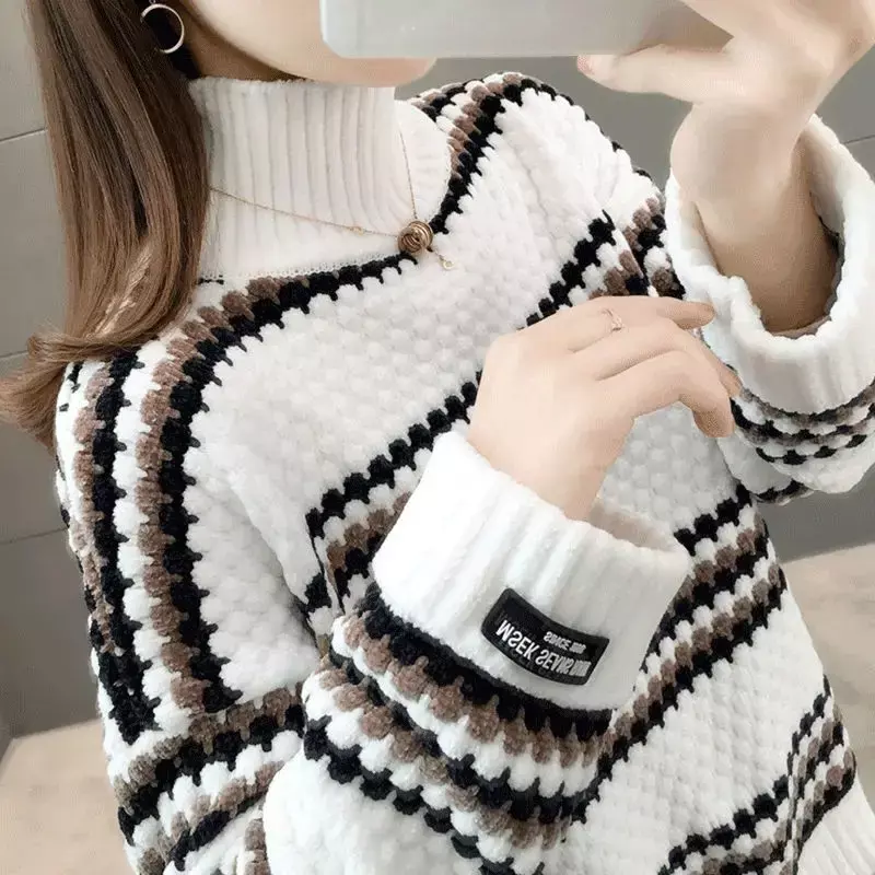 EBAIHUI Vintage Chenille sweter kobiet pełna rękaw aksamitne swetry zimowe damskie jednokolorowy golf luźne kobiece swetry 2020