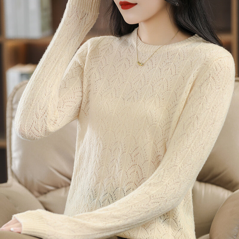 Sweter Wanita Baru 2022 Musim Semi Musim Gugur Rajutan Berongga Tipis Leher Bulat Kemeja Bottoming Lengan Panjang Atasan Gaya Korea Tipis Longgar