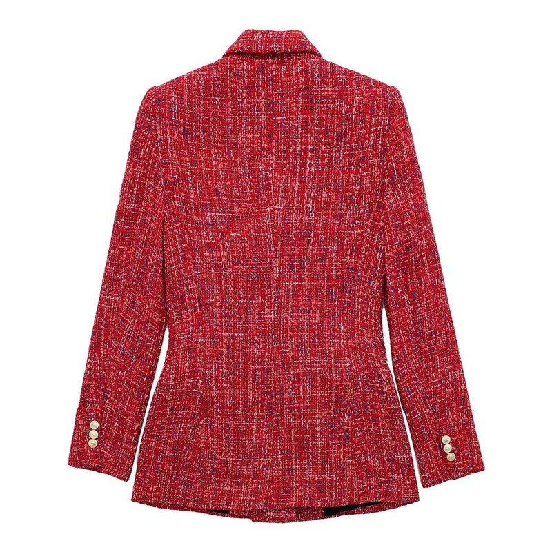 Pb & za feminino 2022 outono novo duplo breasted tweed check blazer casaco de manga longa bolsos feminino outerwear chique casaco