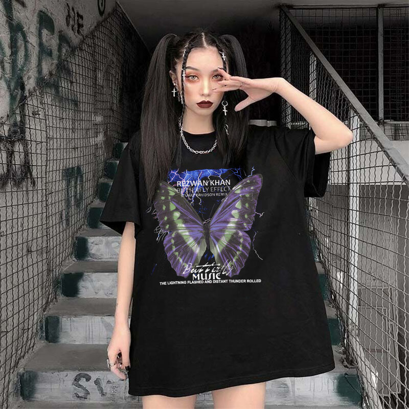 Women's T Shirt New Summer Unisex Short Sleeve High Street Vintage Hip Hop Butterfly Graphic Print Anime Women T-shirts Street