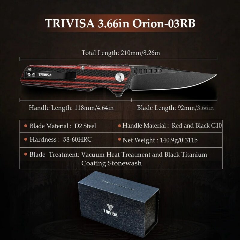 Карманный складной нож TRIVISA с открытым флиппером, складные ножи для повседневного использования для мужчин, стальное лезвие 3,66 дюйма D2 и Руч...