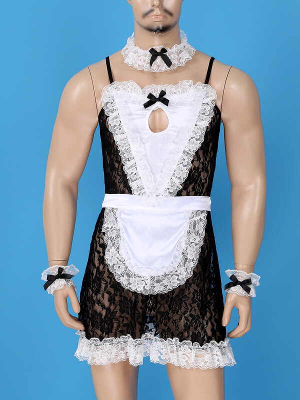 Disfraz de Sissy Maid para hombres y adultos, trajes de Cosplay, transparente, encaje Floral, retales de satén, vestido con volantes, anillo de cuello, muñequera