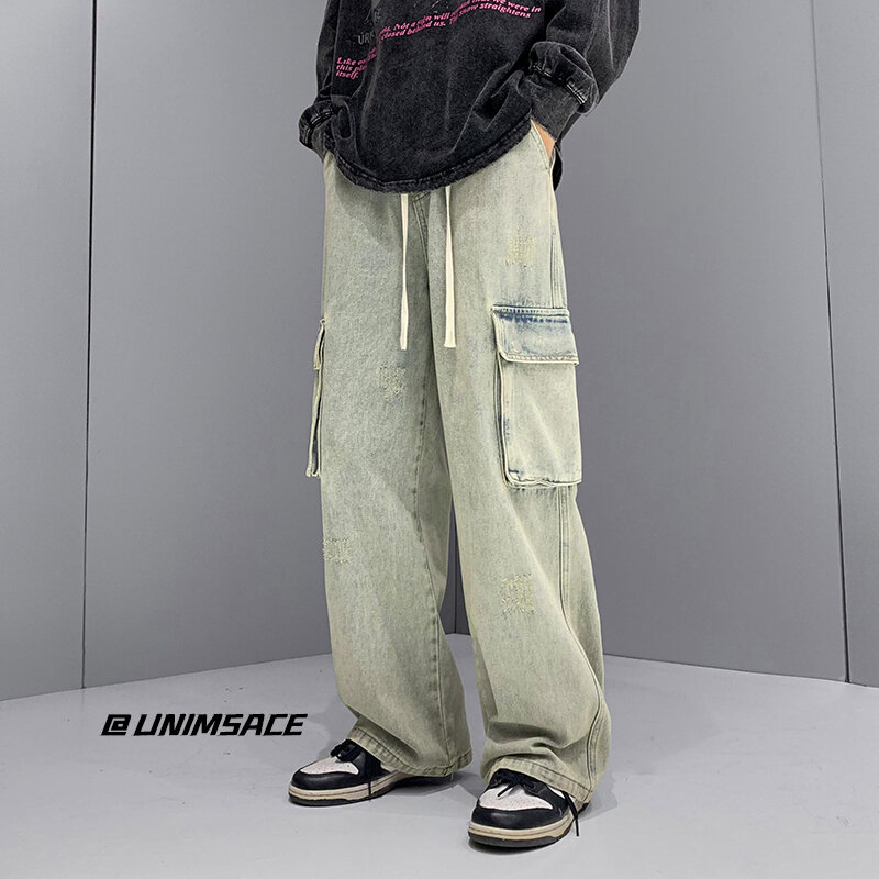 Джинсы-багги мужские с карманами, модные повседневные брюки-карго, свободные прямые джинсовые брюки в стиле хип-хоп, уличная одежда, 3 цвета