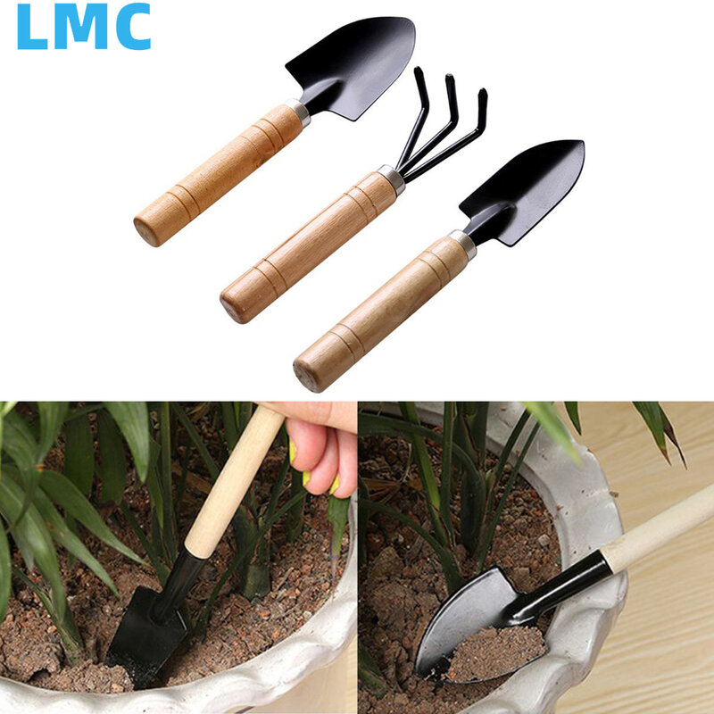 LMC 3pcs Mini Gardening Potting Tool Wooden Handle Shovel Rake Shovel Multifunctional Household Plant Flowers Bonsai Plant Tools