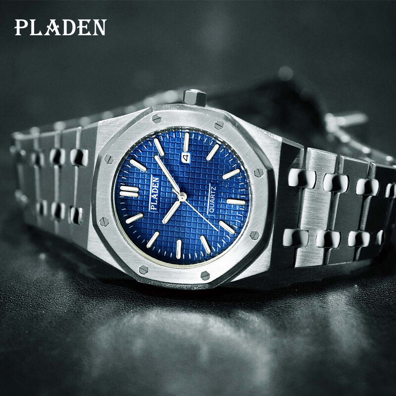PLADEN-남성용 럭셔리 시계, 최고 브랜드 비즈니스 스테인레스 스틸 쿼츠 시계, 패션 클래식 방수 남성 시계, 드롭 배송
