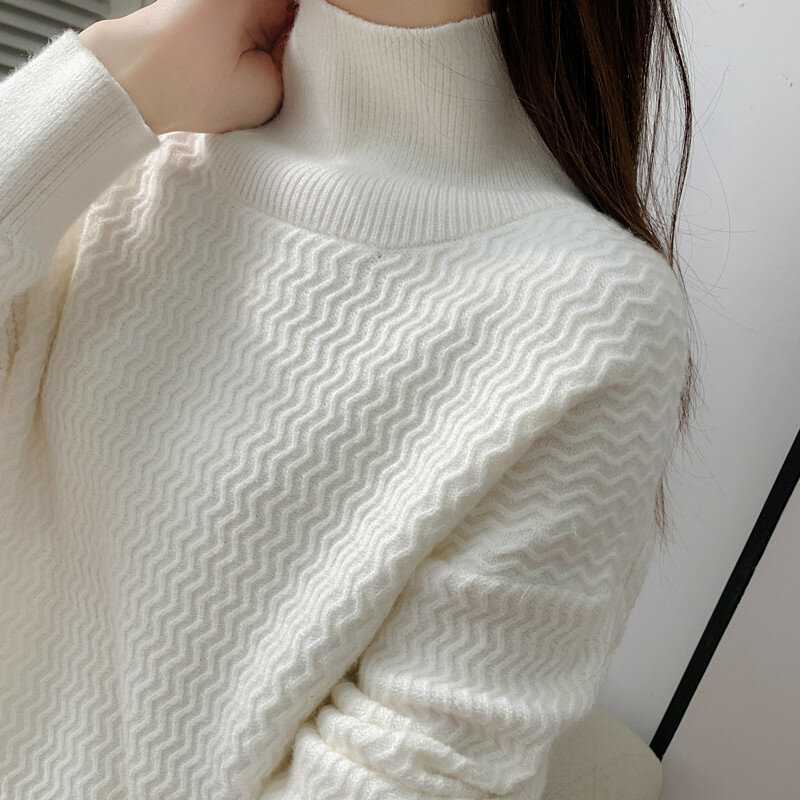 Outono nova gola alta ondulado malha suéter feminino simples preguiçoso vento manga longa versão coreana solto joker camisola