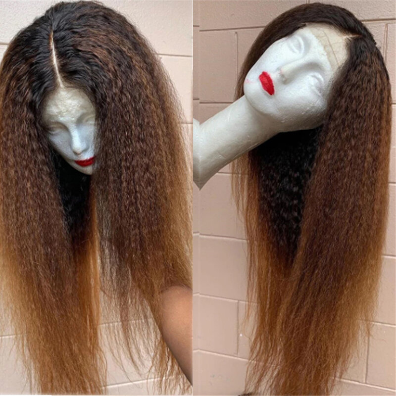Yaki-pelucas frontales de encaje sintético para mujeres negras, pelo corto recto de 26 pulgadas de largo y 180% de densidad, color rubio degradado, prearrancado con BabyHair